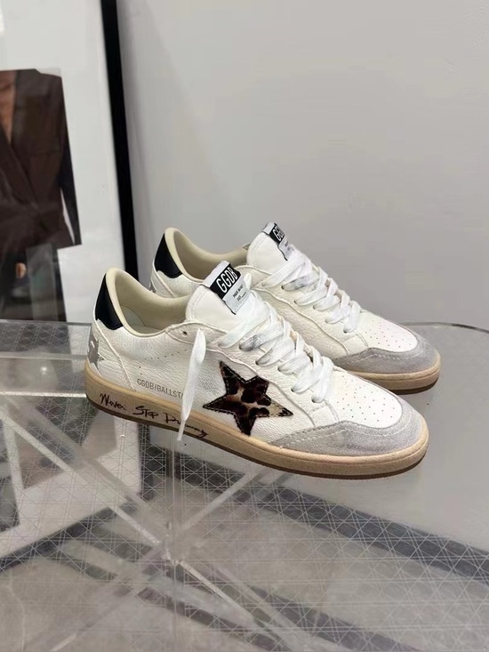 Golden Goose Shoes - Golden Goose White Leather Low-Top Sneakers with Leopard Star and Black Heel Tab